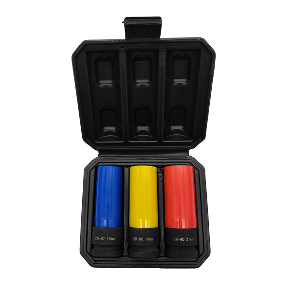PROVULKA : TLHT0101 - Coffret de douilles à choc 17, 19 et 21mm - avec protection pour jante alliage.