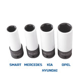 PROVULKA : TLHT0102 - Coffret de douilles à choc spéciales pour jante alu SMART, MERCEDES, KIA / HYUNDAI et OPEL - CLAS OM7036. Avec marques